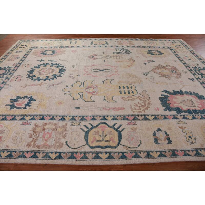 Hand Knotted Oriental 100% Wool Carpet Transitional All-Over Beige & Ivories Oushak Area Rug - 13' 9'' X 9' 11''