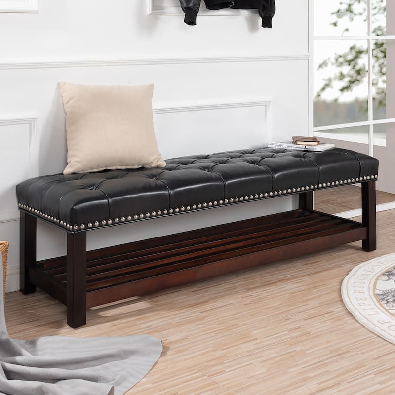 Wooden Base Upholstered Bench with Nails