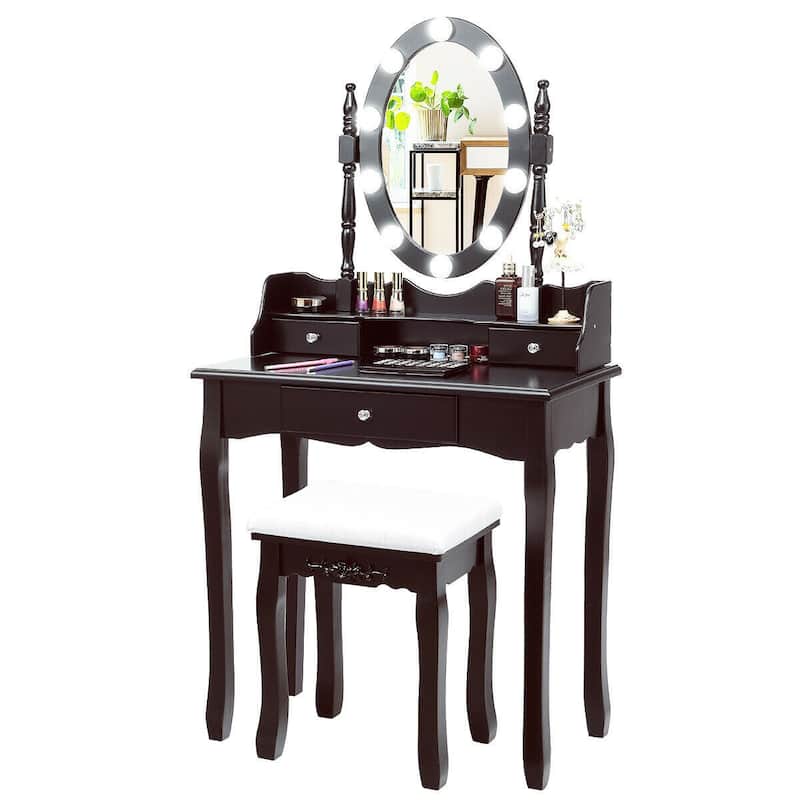 Oval Mirror Vanity Set with 10 LED Dimmable Bulbs and 3 Drawers - 29.5" x 16" x 56.5" (L x W x H)