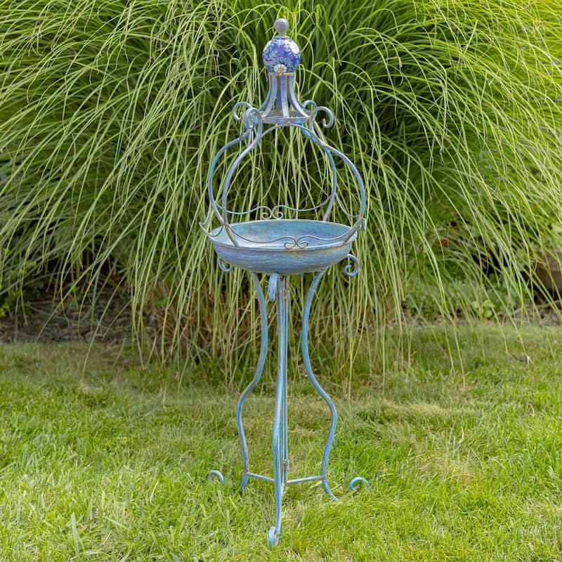 45 Inch Tall Standing Blue Iron Birdbath with Ceramic Sailor Ball - 14.57x14.57x44.88