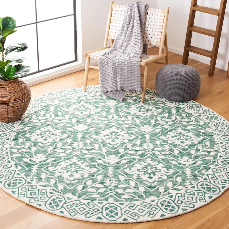 SAFAVIEH Handmade Dip Dye Nicki Floral Wool Rug - 7' x 7' Round - Dark Green/Ivory