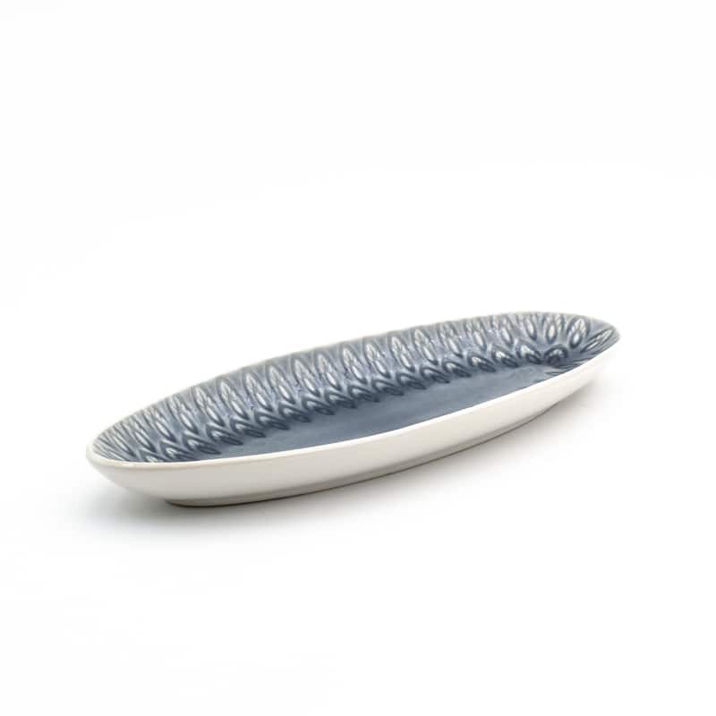 Euro Ceramica Peacock 13" Oval Crackle-Glazed Appetizer Platter - 13.63 in. x 4.81 in. x 1.38 in.