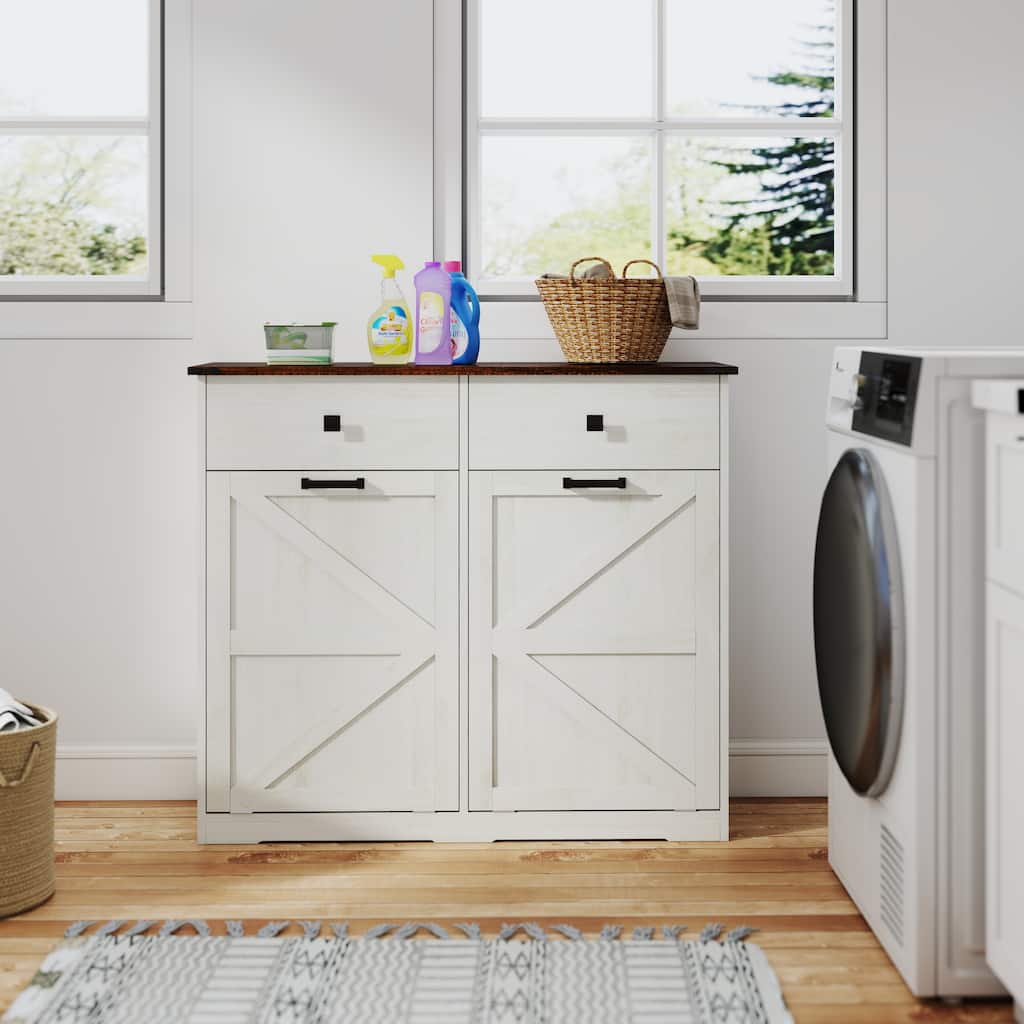 FurnitureR Double Tilt-Out Trash Can Cabinet, Farmhouse Kitchen Storage Cabinet for Two 10 Gallon Bins