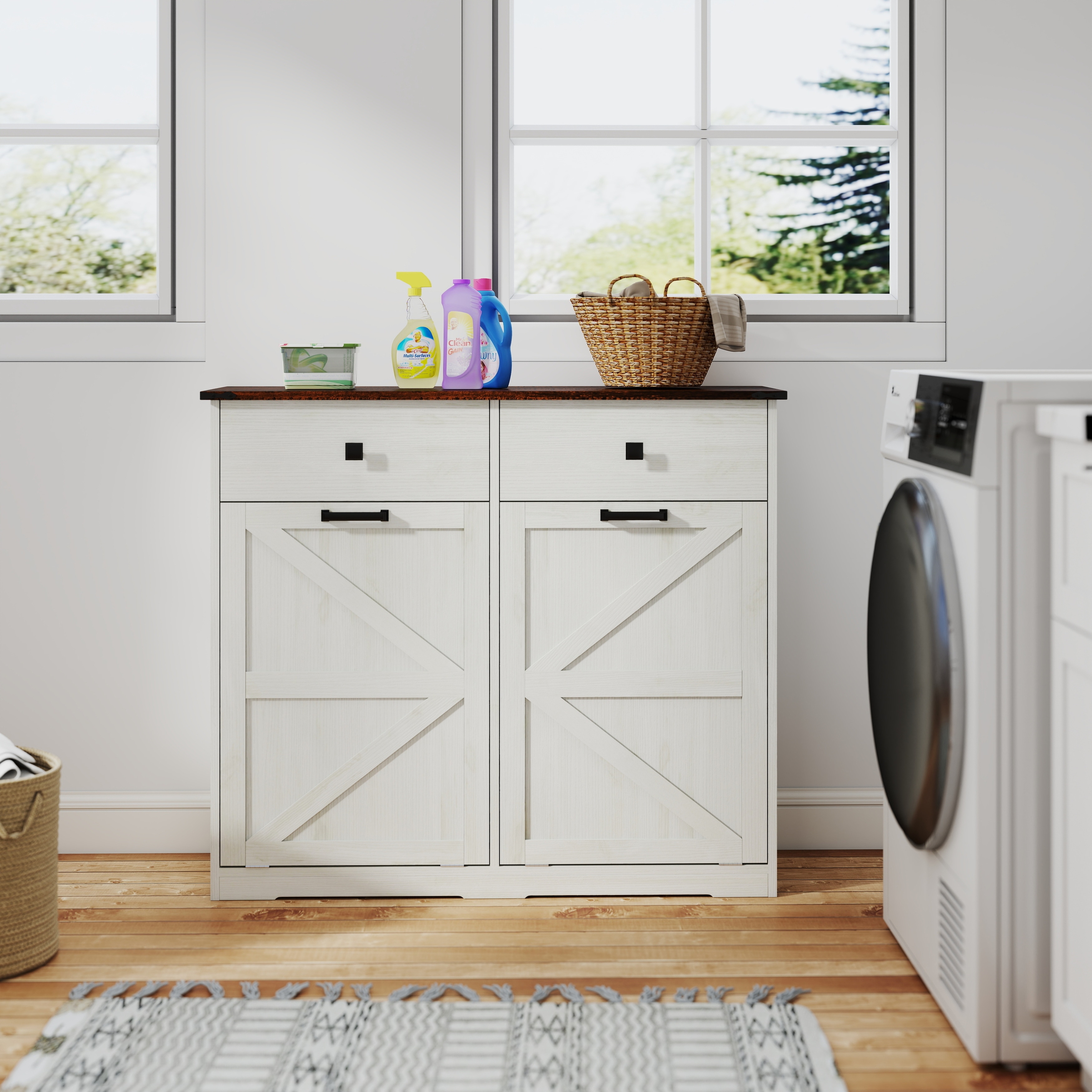FurnitureR Double Tilt-Out Trash Can Cabinet, Farmhouse Kitchen Storage Cabinet for Two 10 Gallon Bins