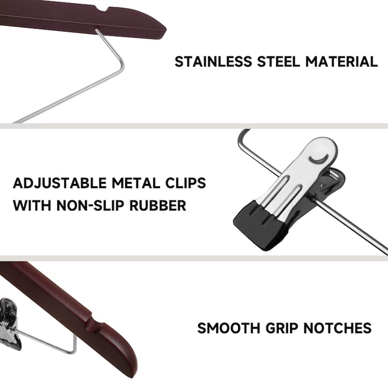 BP4U Solid Wood Hangers with Adjustable Metal Clips, Wooden Hangers for Coats, Jackets, Pants, Dresses, Skirts, and Suits
