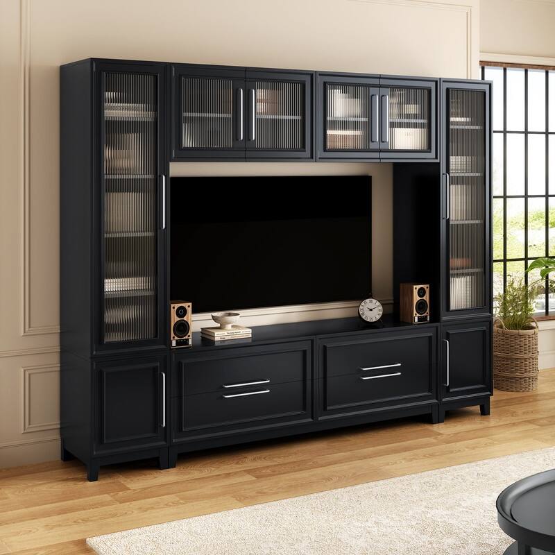 Modern 102" W Wall Unit Entertainment Center for TVs up to 75", Large Media TV Console with Glass Doors and Drawers