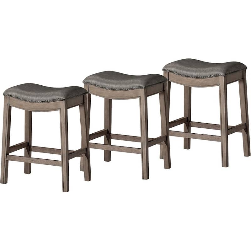 Maven Lane 26" Adrien Saddle Kitchen Counter Height Stool - Reclaimed Oak Vegan Leather - Set of 3