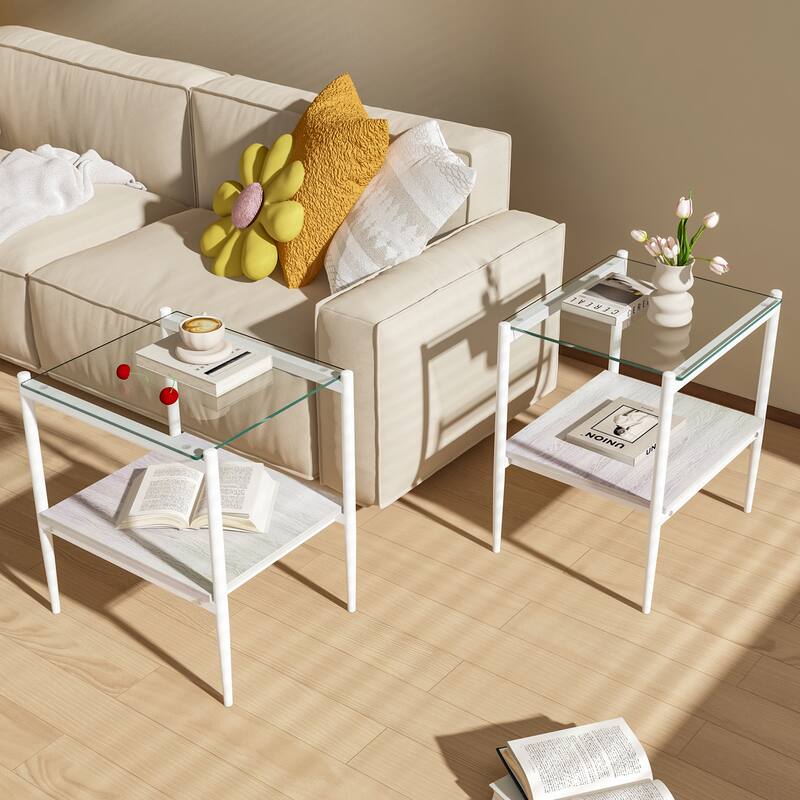 Set of 2 Rectangle End Table Tempered Glass Tabletop with MDF layer - Transparent