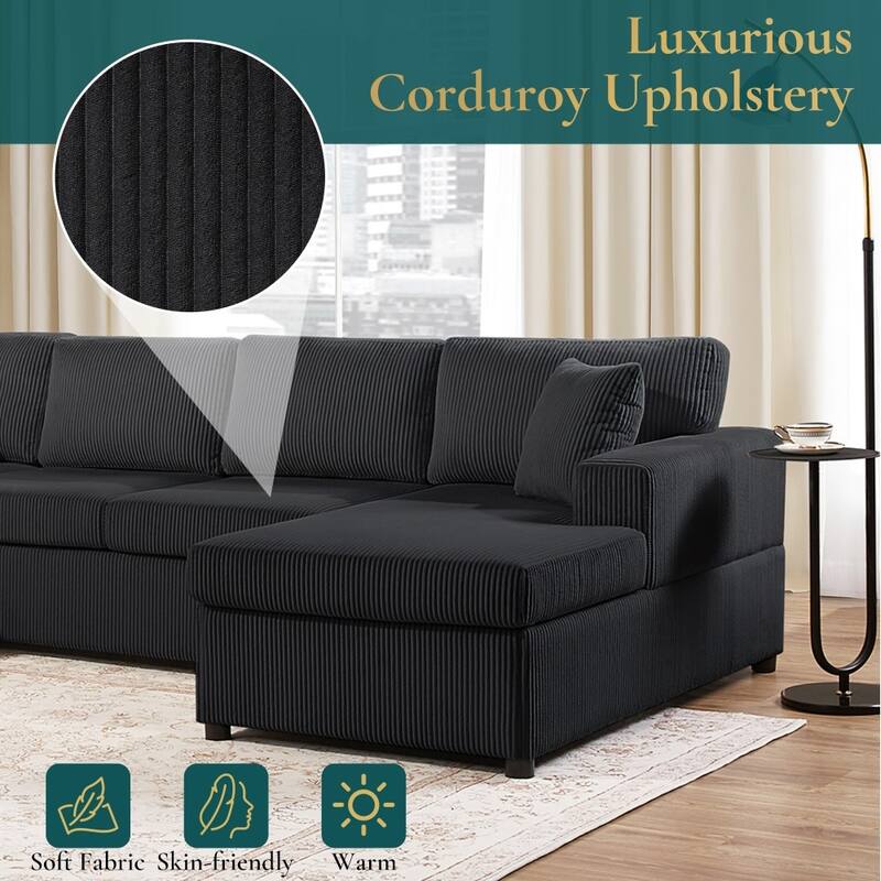 115.3" Oversized Corduroy U-shaped Sectional Sofa with Chaise Lounge and Three Soft Throw Pillows