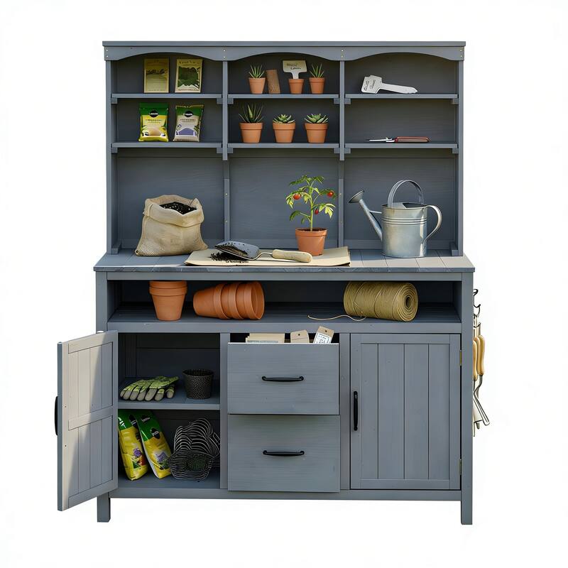 Roomfitters Outdoor Garden Potting Bench with Storage Hutch, Potting Table with Drawers and Cabinets, Shelves