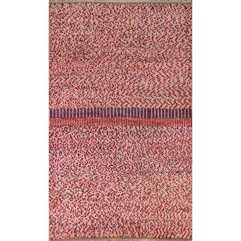 Hand Knotted Oriental 100% Wool Carpet Modern Checkered Pink Moroccan Area Rug - 8' 2'' X 5' 5''