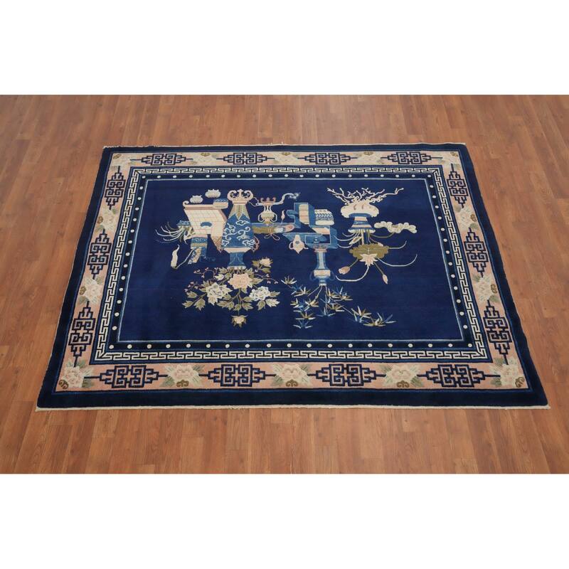 Hand Knotted Oriental 100% Wool Carpet Traditional Pictorial Navy Blue & Blues Art Deco Area Rug - 6' 6'' X 5' 0''