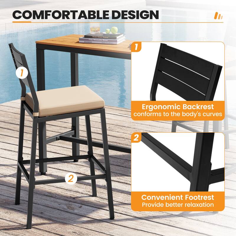 Outdoor 3-Piece Patio Bar Stools Set Rectangle Bar Table and Barstools with Cushion