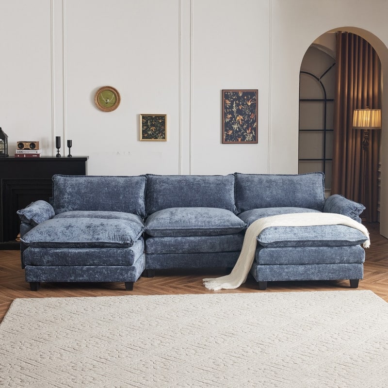 Double Layer Cushion Cloud Couch, Moludar Sofa With Reversible Ottoman For Living Room