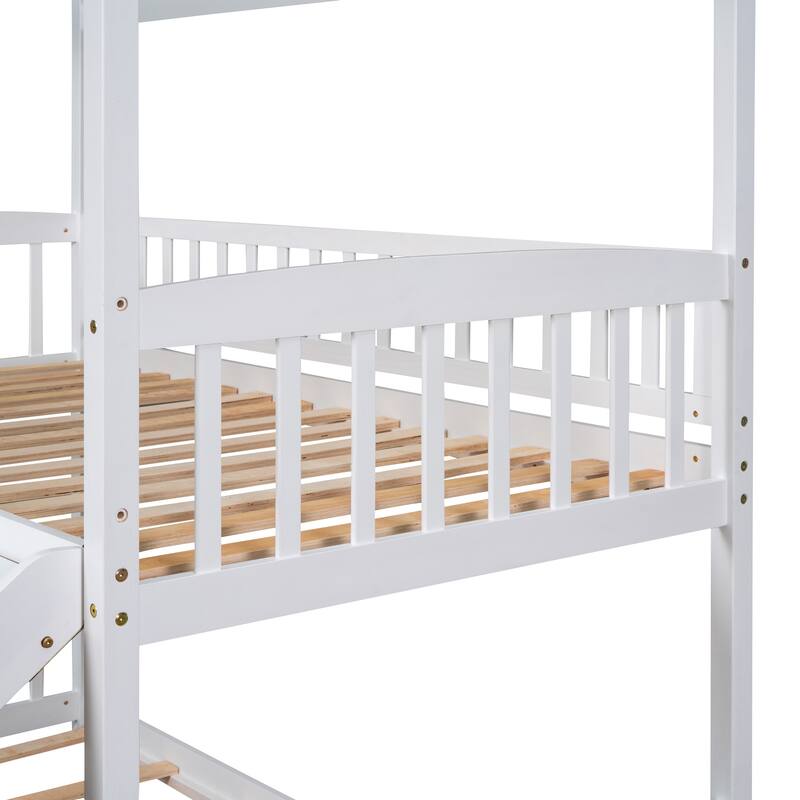 Twin Over Twin Bunk Bed with Slide, House Bed, White