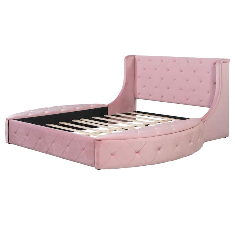 Queen Size Velvet Upholstered Platform Bed with Wingback Headboard, Tufted Design & Hidden Storage Solutions