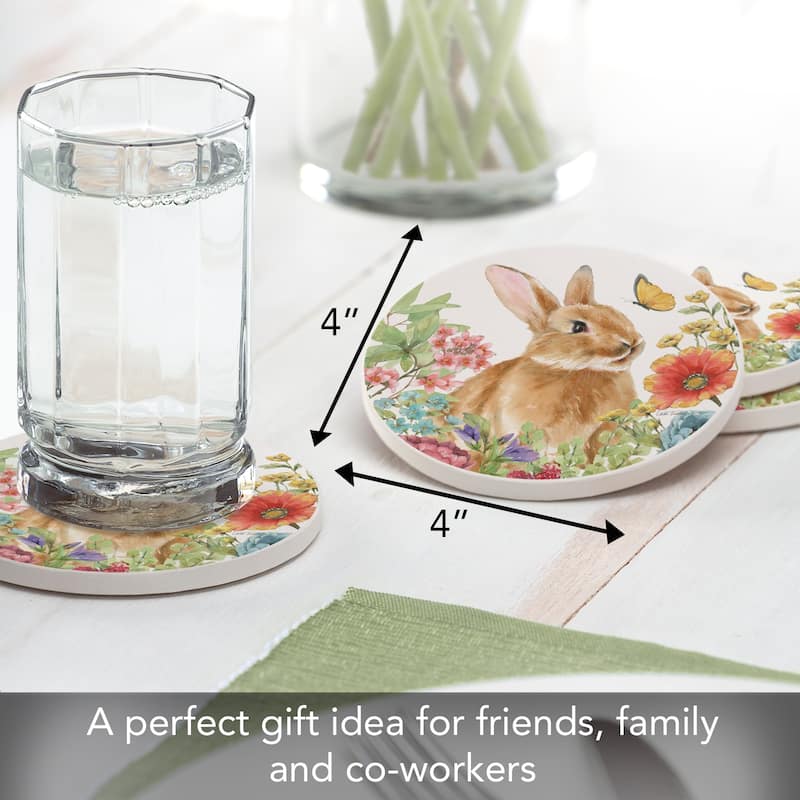 Bunny Garden 4 Pack Absorbent Stone Coasters with Protective Cork Backing Made in The USA Absorbent Easily Wipes Clean