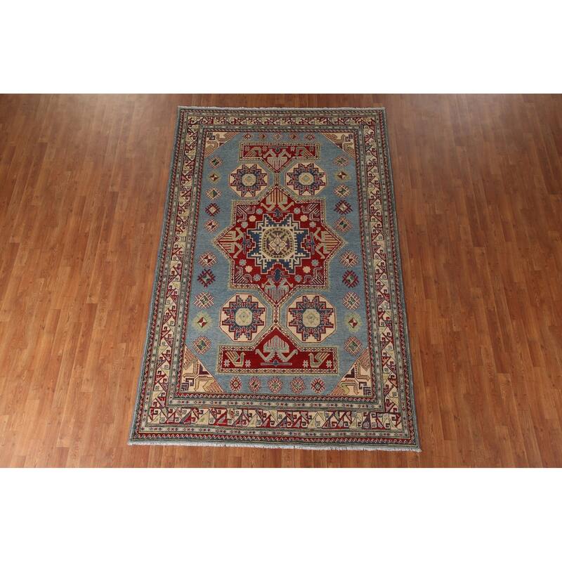 Blue Geometric Kazak Area Rug Handmade Oriental Wool Carpet - 6'0" x 9'8"