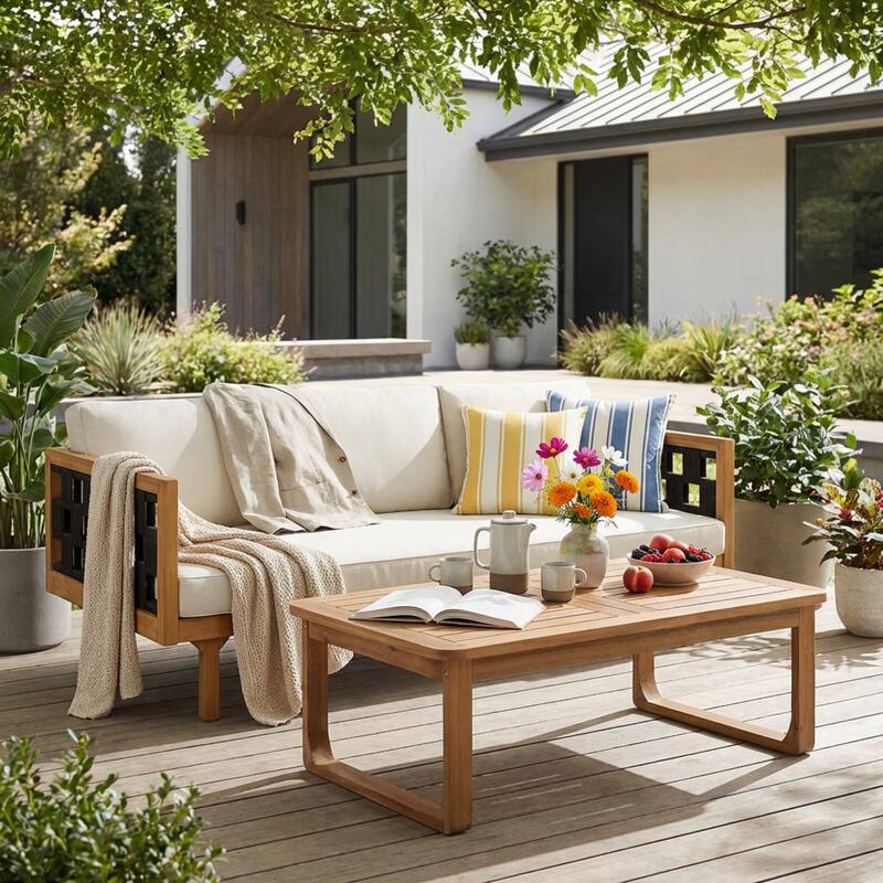 Christopher Knight Home Solenne Acacia Wood 3 Seater Daybed and Coffee Table with Cushion