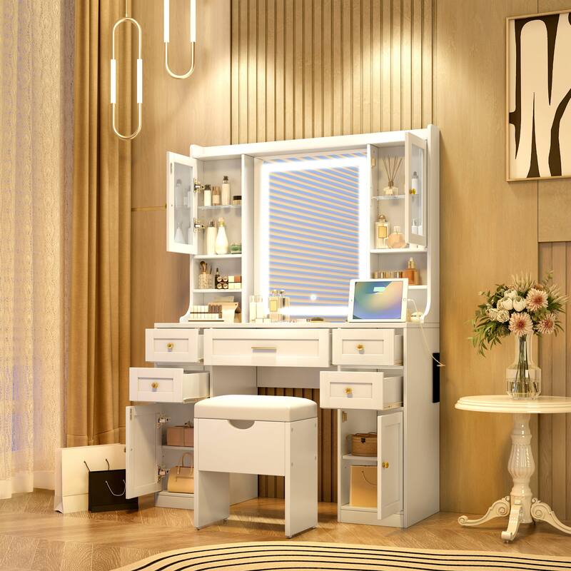 Makeup Vanity Desk with Lighted Mirror & Charging Station, Large Vanity Table Set with Drawers & Storage Stool for Bedroom