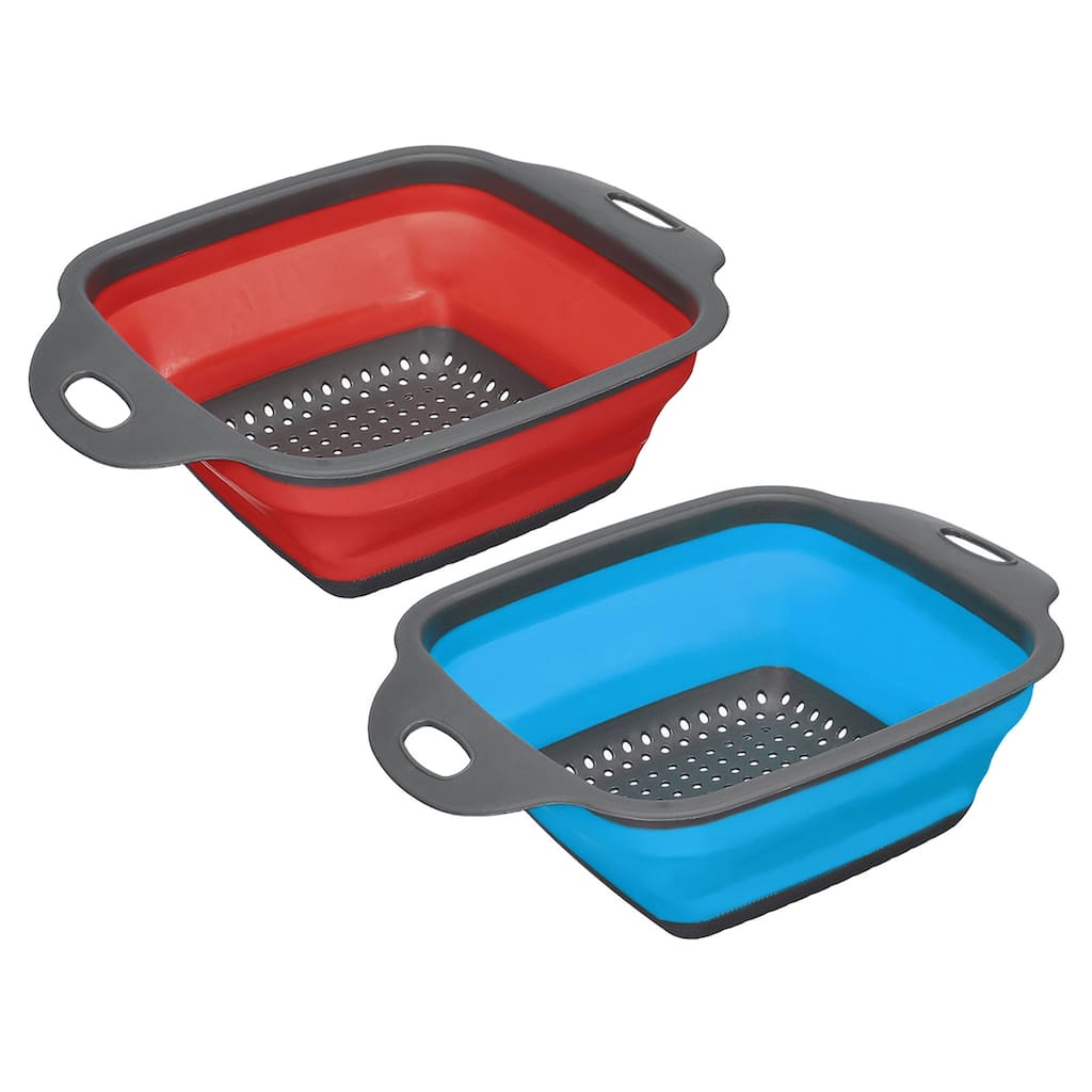 Collapsible Colander Set, 2 Size Silicone Square Strainer - blue red - 24cm x 18.4cm x 7.5cm