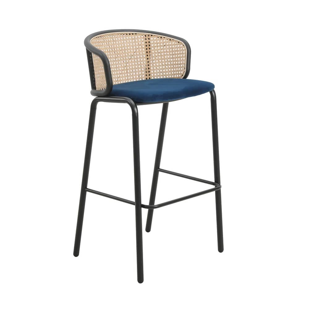 Ervilla Mid-Century Modern Low-Back Wicker Bar Stool with Fabric Seat and Black Powder-Coated Steel Frame for Kitchen and Dining
