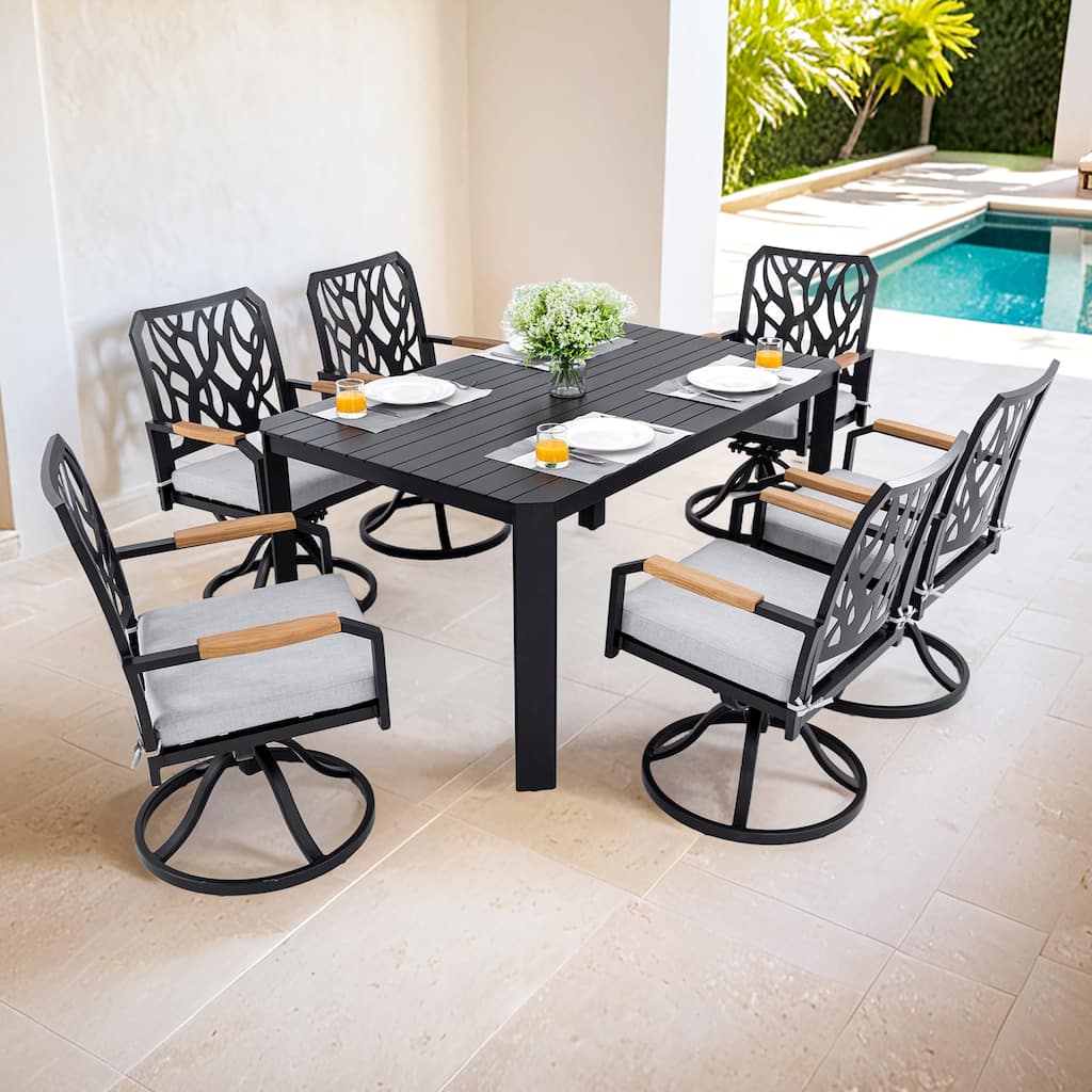 7-PC Outdoor Patio Aluminum Furniture Set, Modern Dining Set with 6 Swivel Rockers Sunbrella Fabric Cushioned, Nature-In