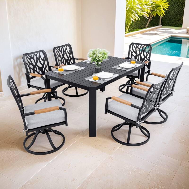 7 Piece Outdoor Aluminum Furniture Set with 6 Swivel Rocking Chairs and Rectangular Table, Patio Dining Set with Umbrella Hole