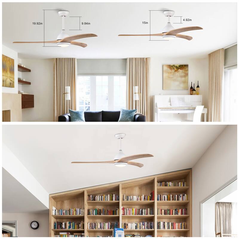 52 Inch Ceiling Fan with Light and Remote, Indoor/Outdoor Wood Ceiling Fan with 3 Blades, Noiseless Reversible DC Motor