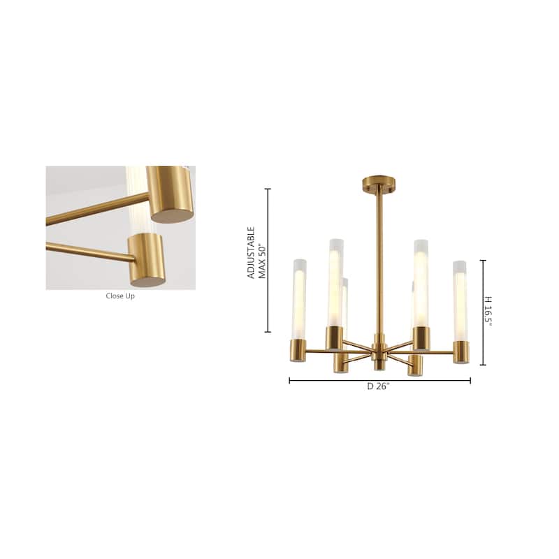 6-Light Brass Chandelier With Ribbed Clear Glass Shades