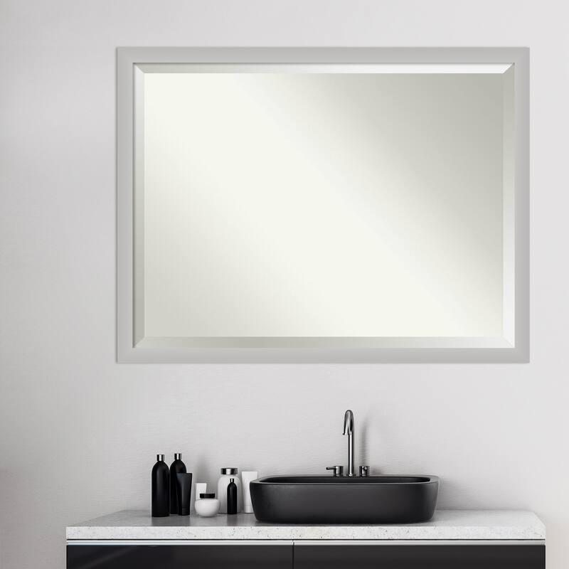 Beveled Wood Bathroom Wall Mirror - Low Luster Silver Frame - Low Luster Silver