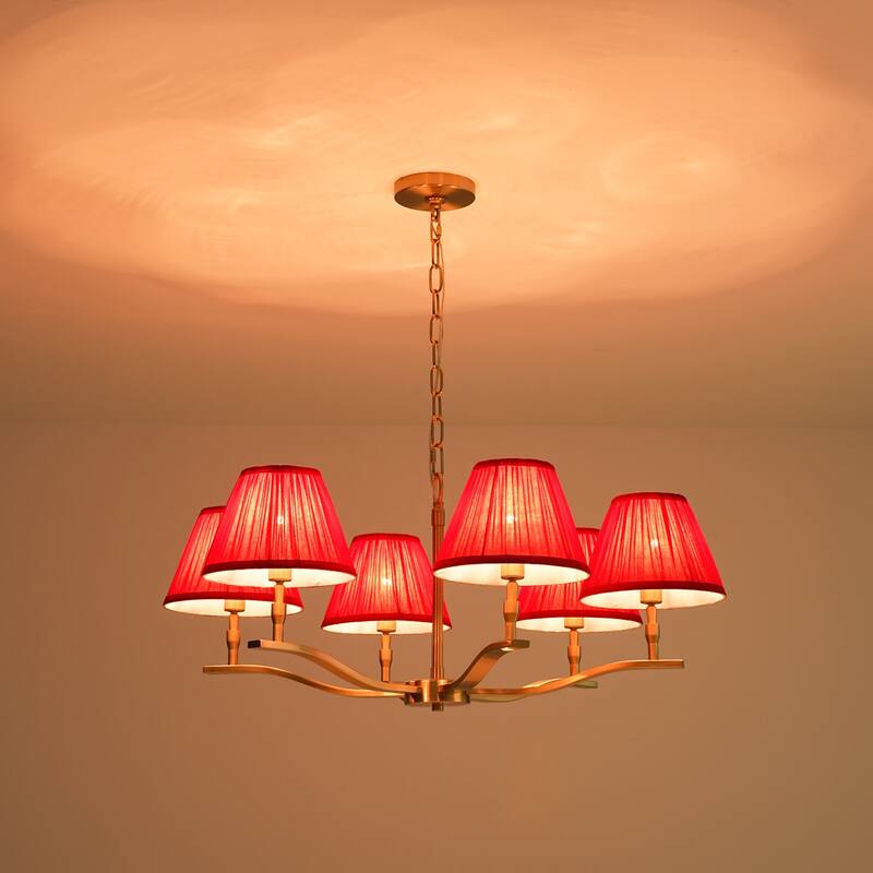 31.5" W Mid-Century Traditional Brass Finish Dimmbale Chandelier with Red Pleated Fabric Shades for Living & Dining Room