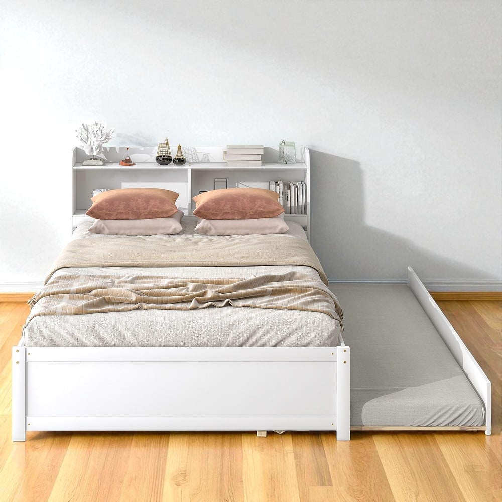 Twin/Full Bed Frame with Pull-Out Trundle and Bookcase Headboard, No Box Spring Needed
