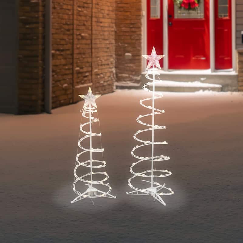 Set of 2 LED Lighted Warm White Outdoor Spiral Christmas Cone Trees 3' 4'
