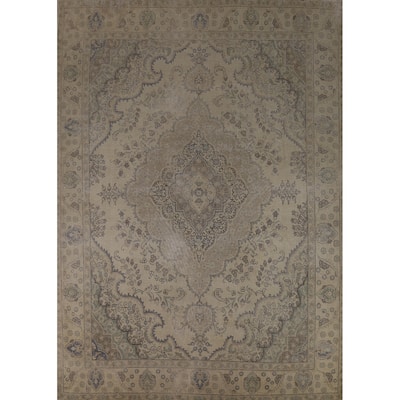 Beige Floral Tabriz Persian Vintage Area Rug Handmade Wool Carpet - 9'5" x 12'5"