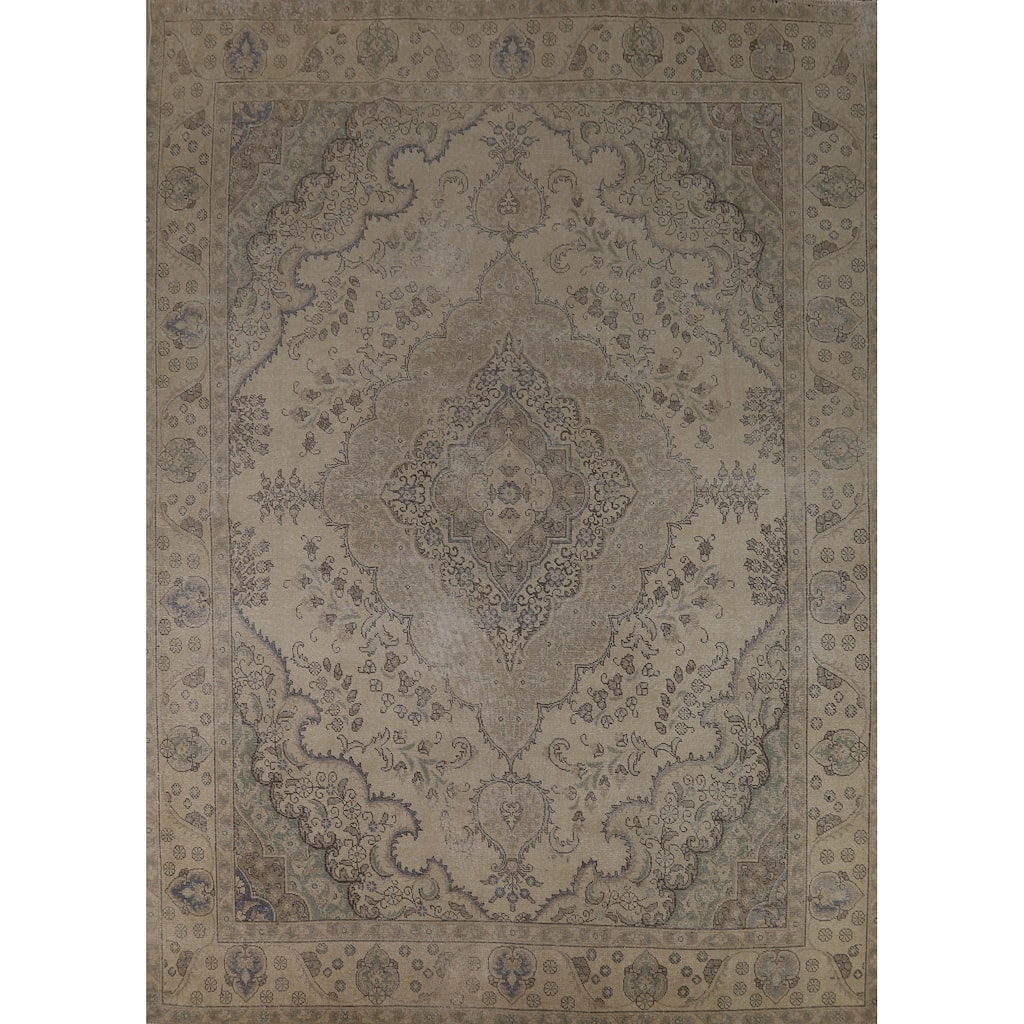 Beige Floral Tabriz Persian Vintage Area Rug Handmade Wool Carpet - 9'5" x 12'5"