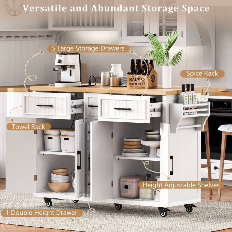 56.5'' Kitchen Island with Drop Leaf, Power Outlet, Embossed Vertical Stripe and Adjustable Shelves