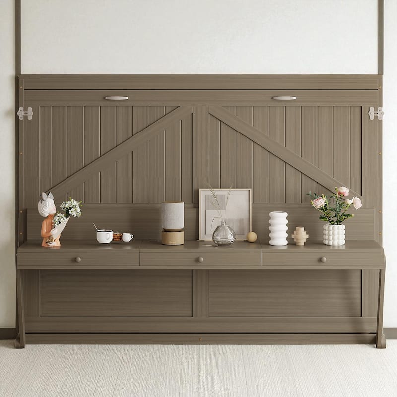 Queen Size Murphy Wall Bed with Storage, Foldable Cabinet Bed with Vanity Desk, Mirror & 2 Drawers