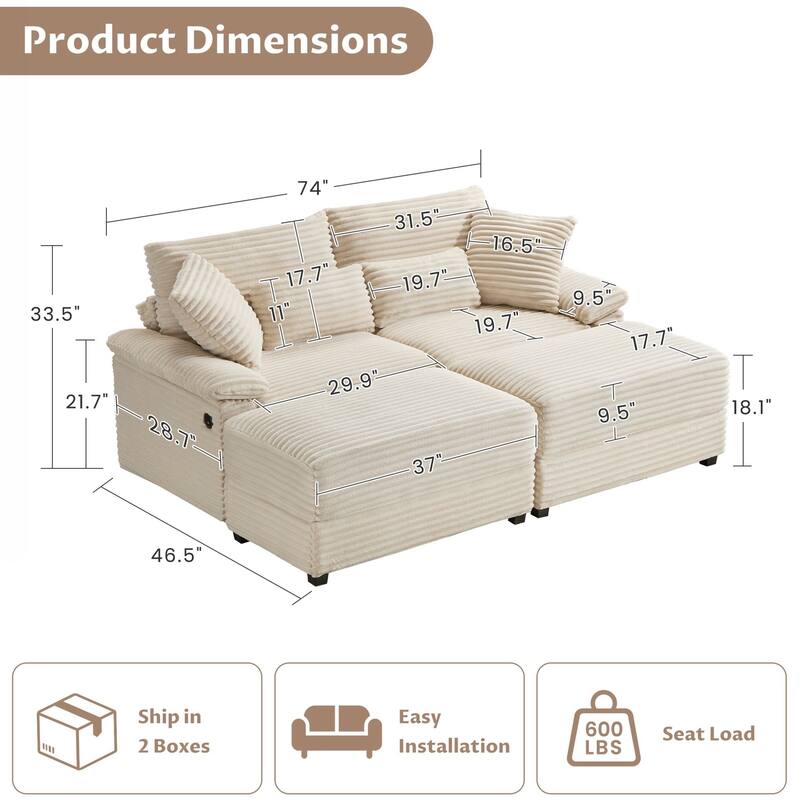 Double Chaise Lounge Set with Reversible Ottoman - Soft Corduroy Fabric, Storage Ottomans,USB Port, Multi-Functional Seat/Table