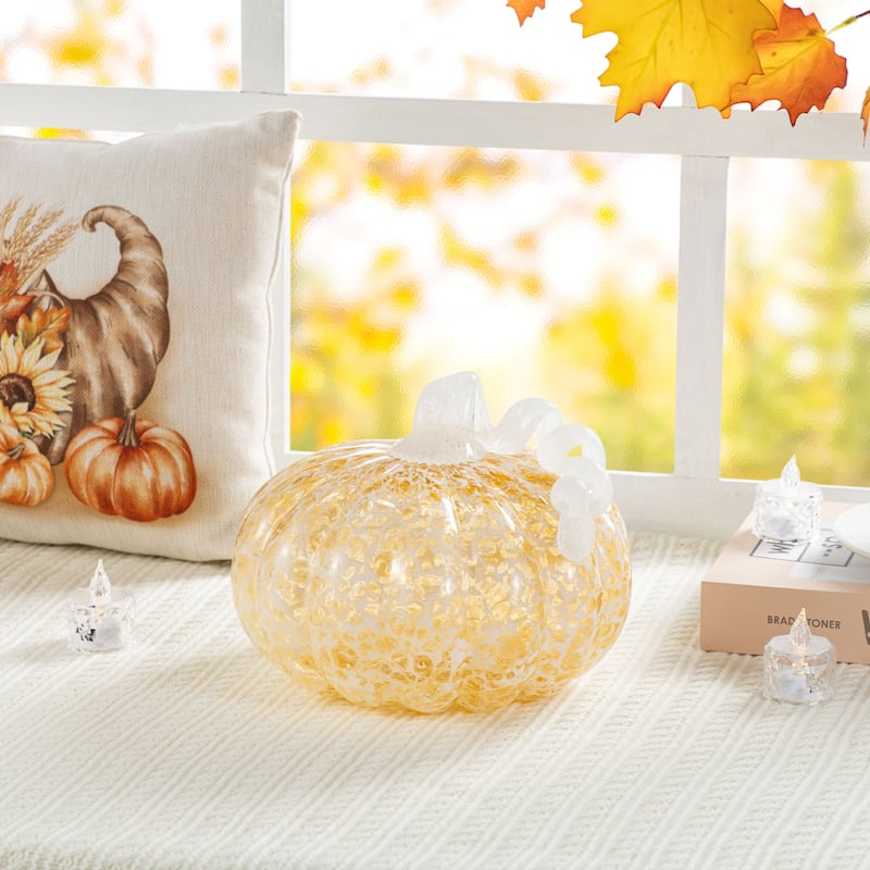 Glitzhome Fall Harvest Amber Dots Glass Pumpkin Thanksgiving Decorating - Large Round