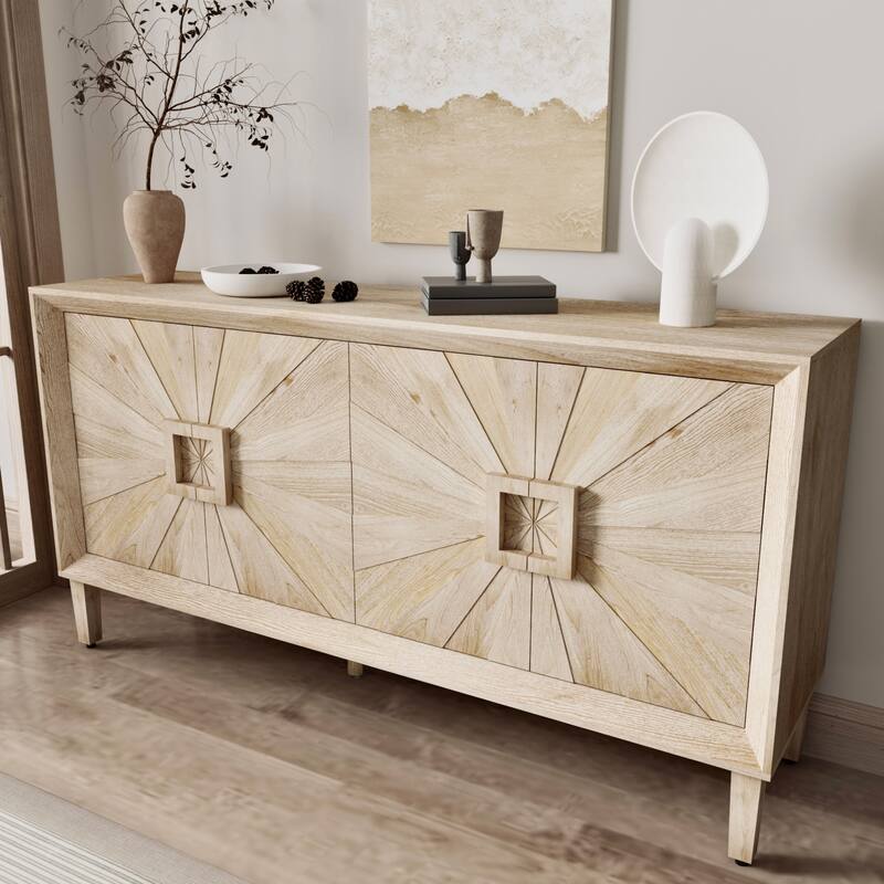 Sideboard Buffet Cabinet with Sunburst 4 Doors, Heavy-Duty Wooden Storage Cabinet, Accent Cabinet with Adjustable Shelves - Antique Natural
