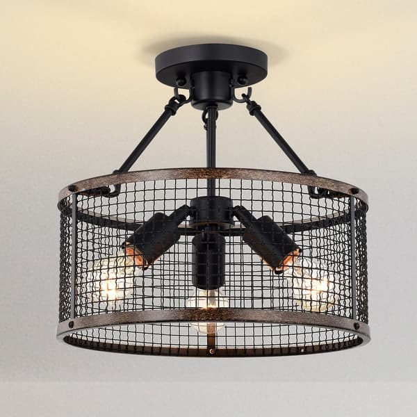 slide 2 of 12, Cerere Semi Flush Mount Ceiling Light Matte Black and Wood Grain Finish 3-Light - N/A