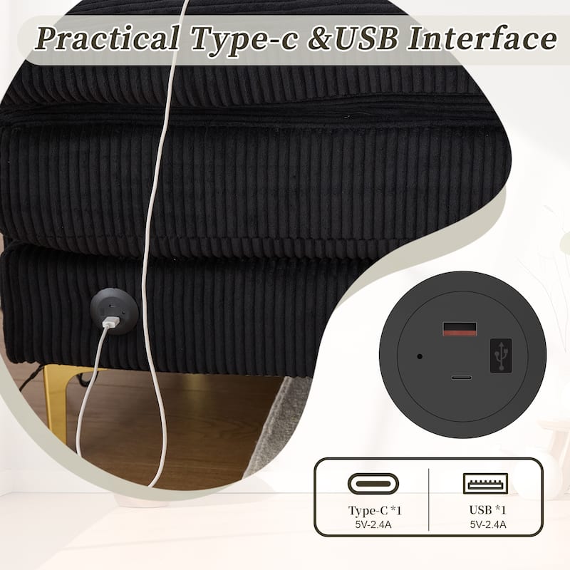 HOMEFUN Corduroy Upholstered U-shaped Adjustable Light Modular Sectional Sofa With Type-C and USB ports