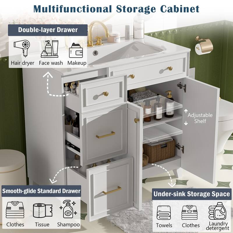 36" Bathroom Vanity with Ceramic Sink, Standard and Double-Layer Drawers, Soft Close Doors, Adjustable Shelves, Storage Cabinet