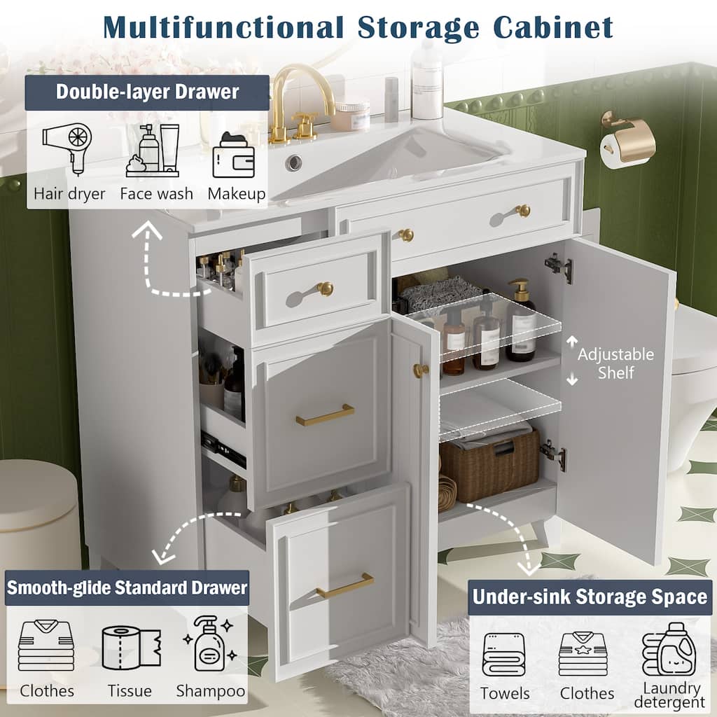 Modern Bathroom Vanity and Ceramic Sink Combo Set, 36" Bathroom Vanity Cabinet with Double-Layer Drawers & Adjustable Shelves