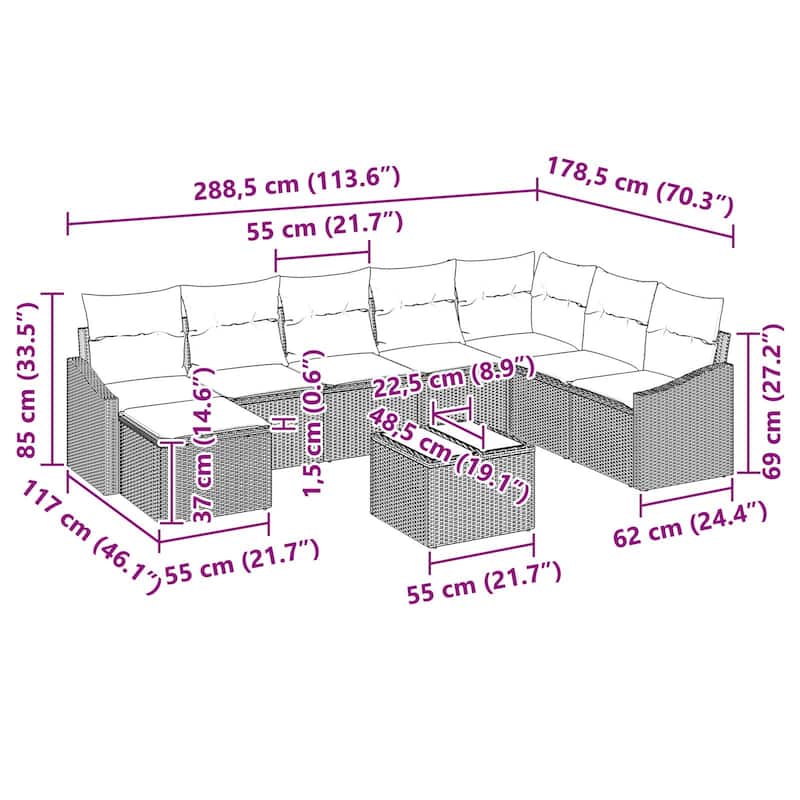 vidaXL 9 Piece Garden Sofa Set with Cushions - 113.6×70.3×46.1