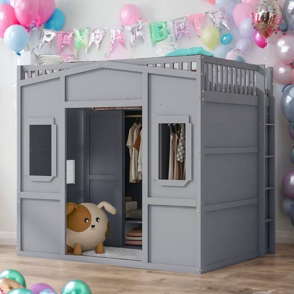 slide 2 of 13, Full Size House Loft Bed With Ladder and Wardrobe