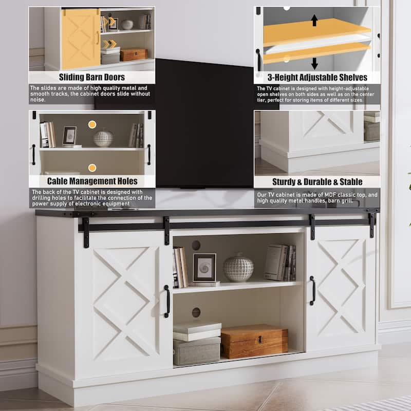 Farmhouse TV Stand wih Storage, 58" Entertainment Center with Sliding Barn Door, Wooden Media TV Console