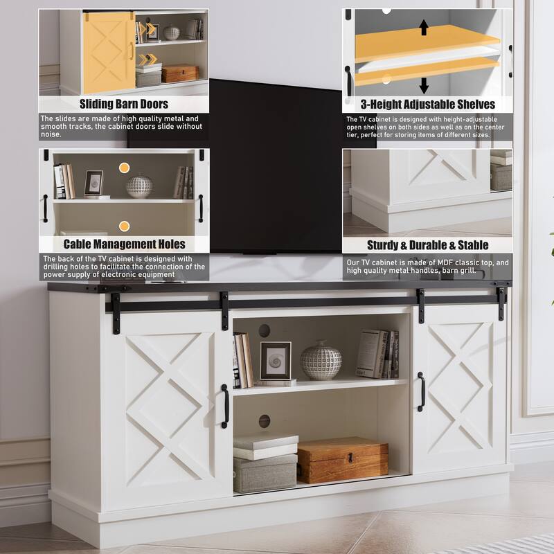 TV Stand Entertainment Center with Sliding Barn Door, Wooden Media TV Console with Adjustable Shelves