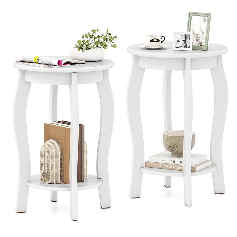 Gymax 2-Tier Round End Table Set of 2 Narrow Sofa Side Nightstand w/ - White - MDF